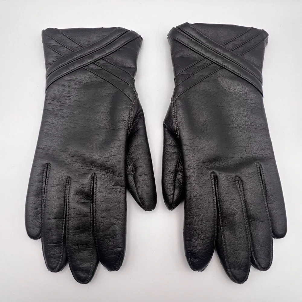 Vintage Fownes Gloves Women's Size A Black Faux‎ Leather WPL 9522 Fourchette